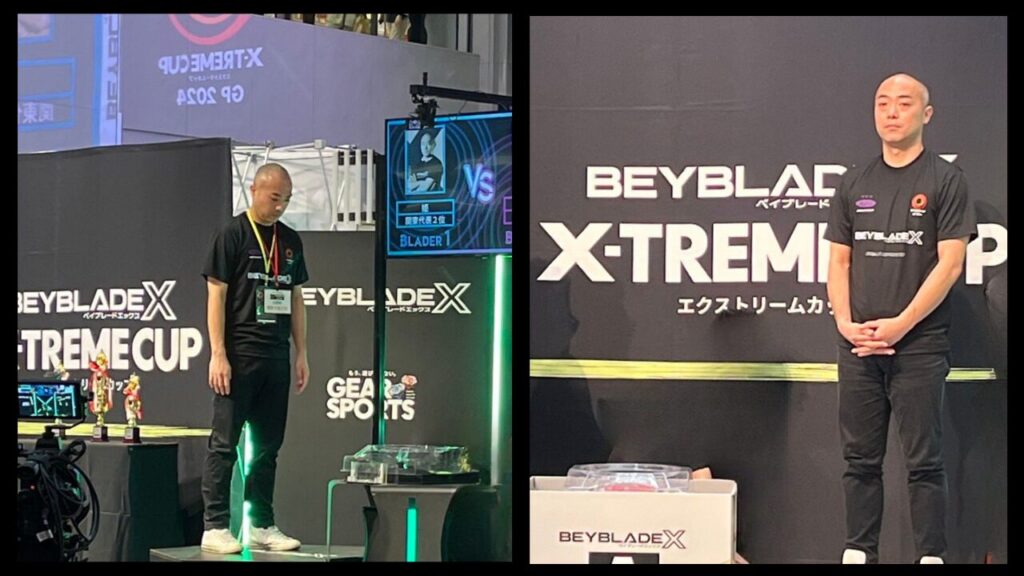 BEYBLADE X GP2024のステージ上で、姫選手が試合前に待機している様子（2カット）