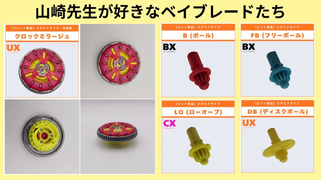 山崎詩郎先生が好きなベイブレードとして挙げたクロックミラージュと、B・FB・LO・DBの各ビットをまとめた画像