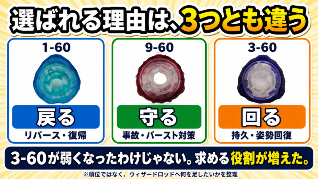 ウィザードロッドに使う1-60・9-60・3-60ラチェットの役割を、リバース・安定・持久で比較した図