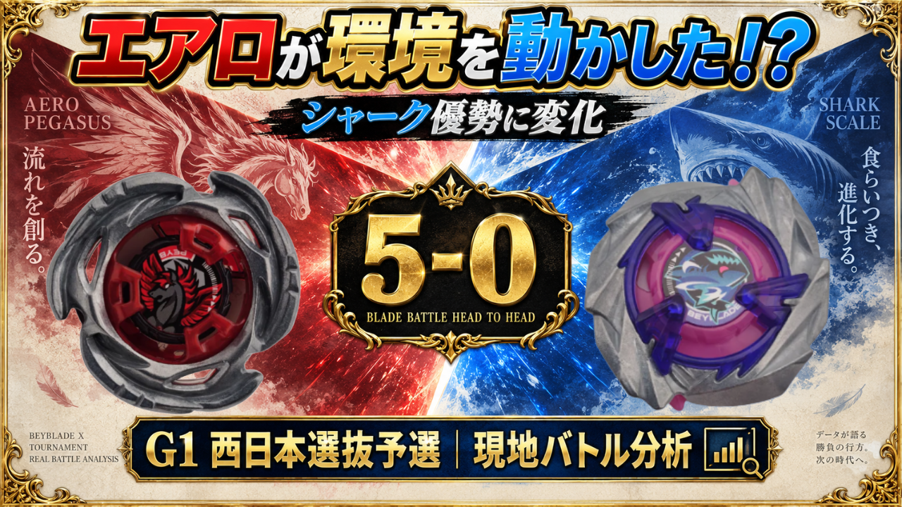 ベイブレードX G1西日本選抜予選の現地バトル分析のサムネイル。エアロ躍進と3on3の変化、シャーク＋Rとの直接対決5戦5勝を示したデザイン。