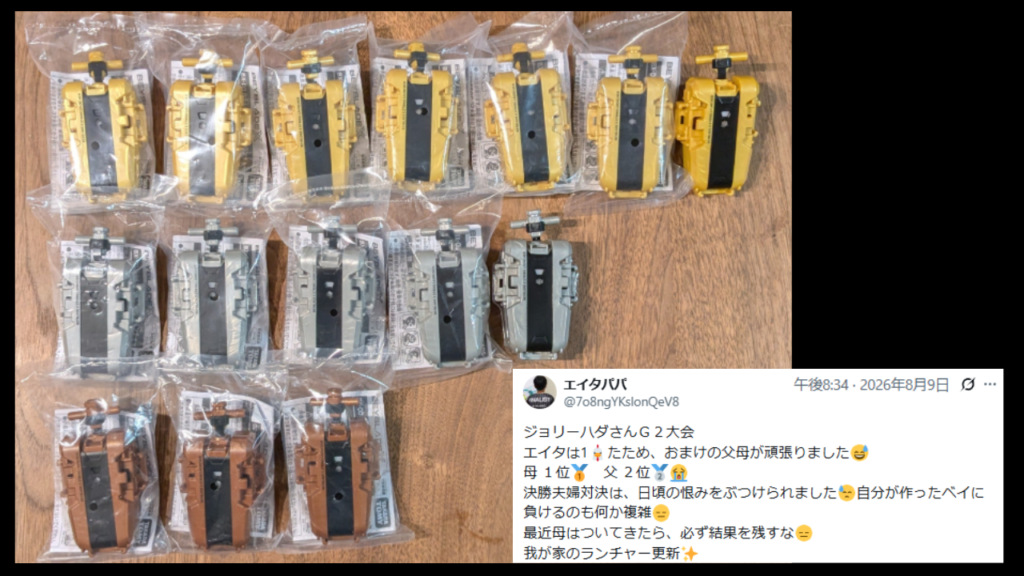 エイタ一家がG2大会で獲得したランチャーを並べた写真と、家族で好成績を残したことを伝えるエイタパパさんのX投稿
